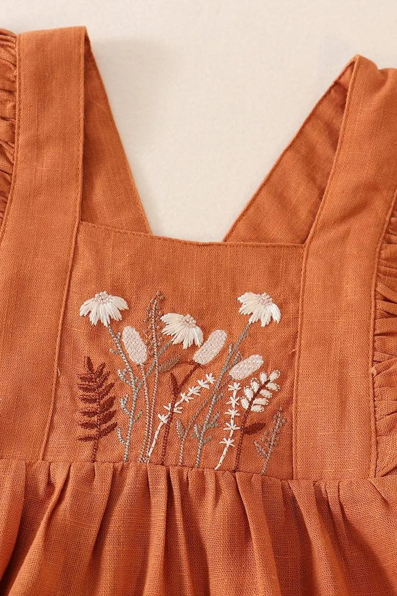 Petal & Pine Girl's Boutique Caramel Floral Embroidered Linen Ruffle Strap Bubble Button Romper Matching Sibling