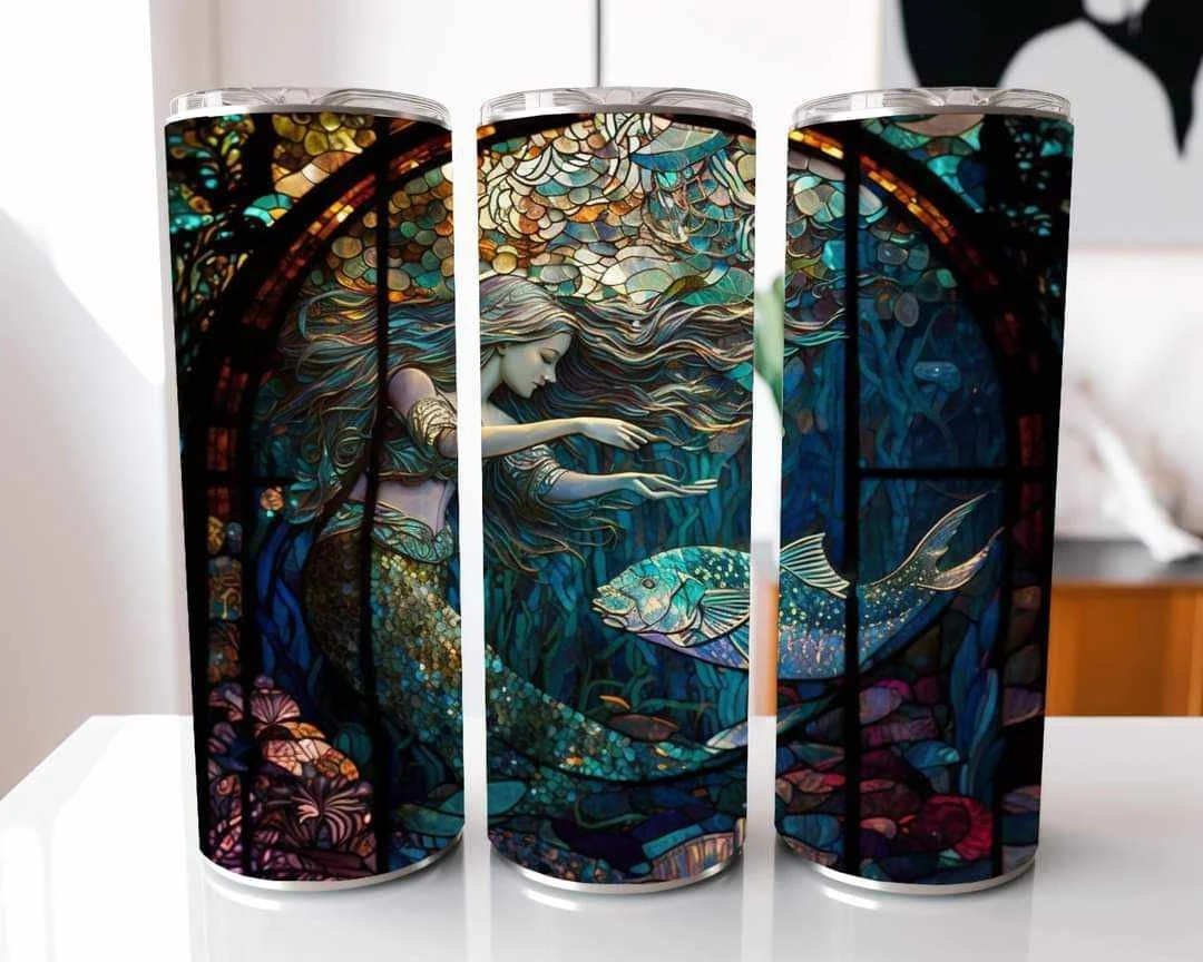 Blue Multicolor Mermaid Fish Stained Glass Stainless Steel Tumbler