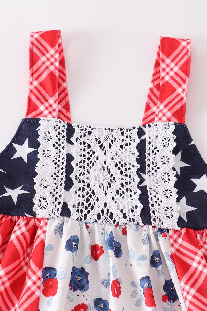 Abby & Evie Girl's Boutique Patriotic Floral Plaid Lace Smocked 2 Piece Set 4th of July Sibling Matching