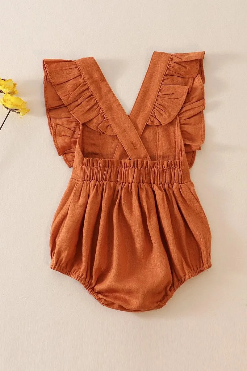 Petal & Pine Girl's Boutique Caramel Floral Embroidered Linen Ruffle Strap Bubble Button Romper Matching Sibling