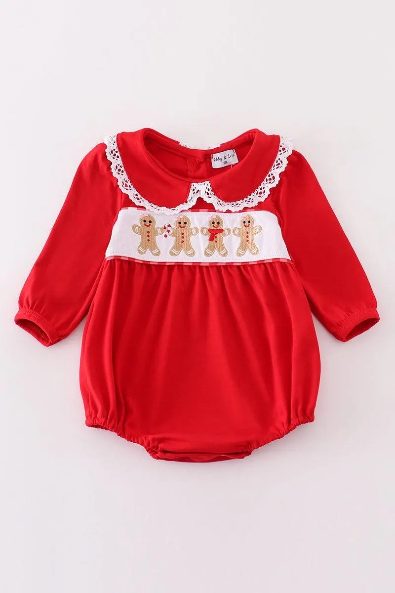 Abby & Evie Girl's Boutique Red Christmas Gingerbread Embroidered Embroidery Bubble Romper Sibling Matching