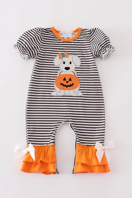 Abby & Evie Girl's Boutique Cotton Halloween Pumpkin Puppy Stripe Applique Girl Romper Sibling Matching