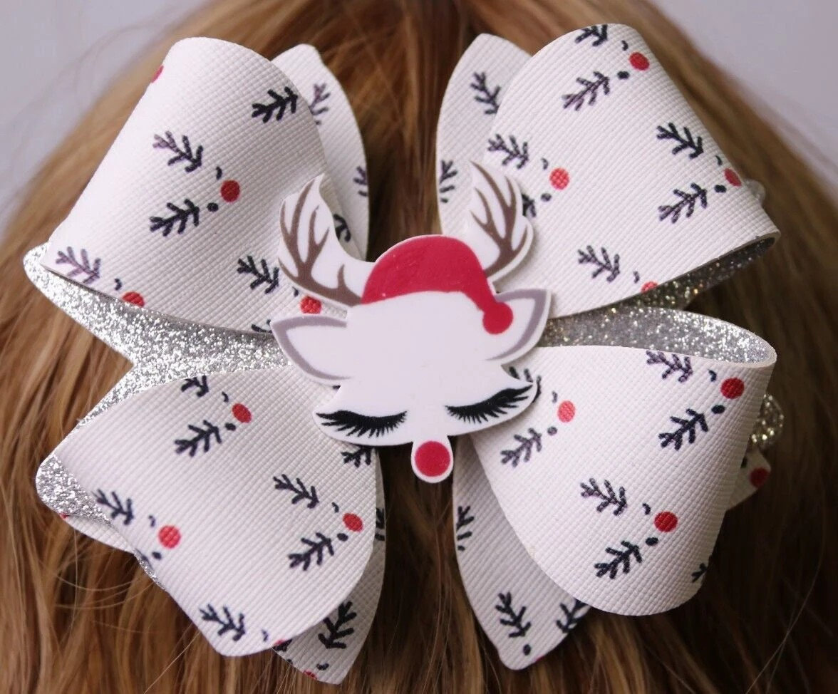 White Reindeer Christmas Hair Bow Stacked Boutique Handmade