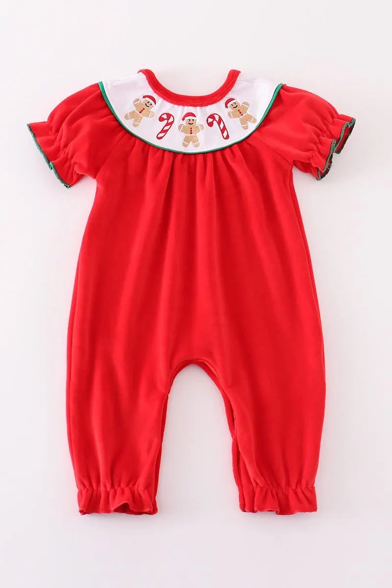 Abby & Evie Girl's Boutique Red Velvet Christmas Gingerbread Embroidered Embroidery Ruffle Romper Short Sleeve Sibling Matching