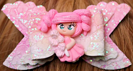 Pink Glitter Girl Cotton Candy Hair Bow Stacked Boutique Handmade