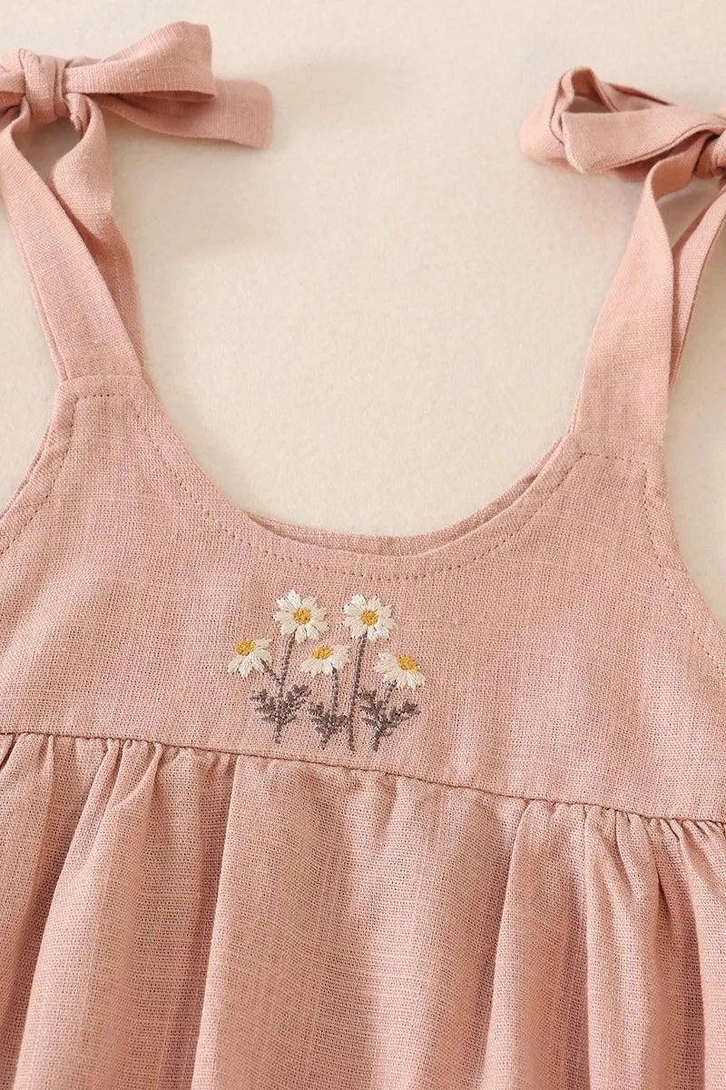 Petal & Pine Girl's Boutique Blush Pink Floral Embroidered Linen Ruffle Strap Bubble Button Dress Matching Sibling