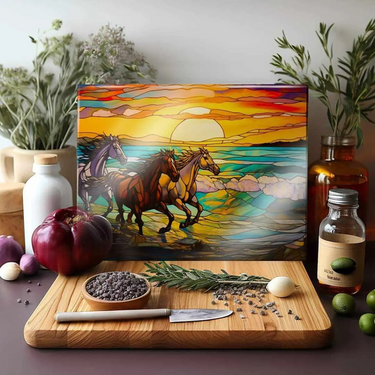 Multicolor Running Horses Sunset Glass Cutting Board