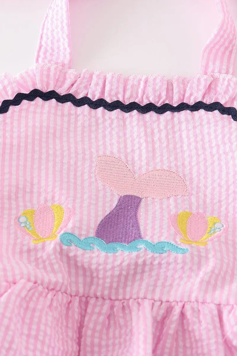 Abby & Evie Girl's Boutique Cotton Pink Seersucker Mermaid Embroidered Ruffle One Piece Swimsuit Matching Sibling