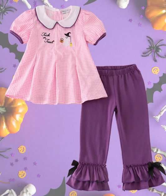 Abby & Evie Girl's Boutique Cotton Pink And Purple Plaid Halloween Embroidered Girl Set