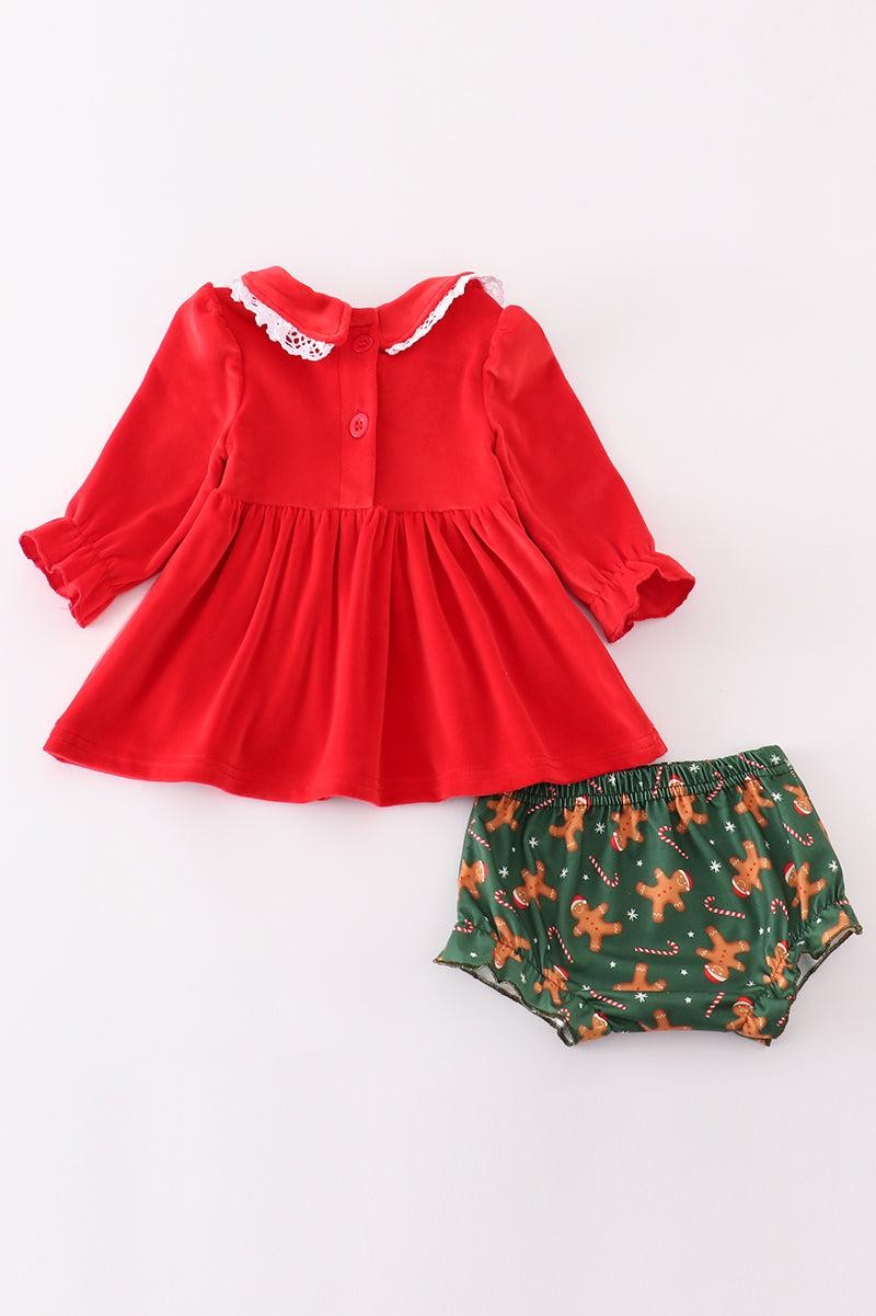 Abby & Evie Girl's Boutique Red Velvet Christmas Gingerbread Embroidered Embroidery Ruffle Bloomer Set Sibling Matching