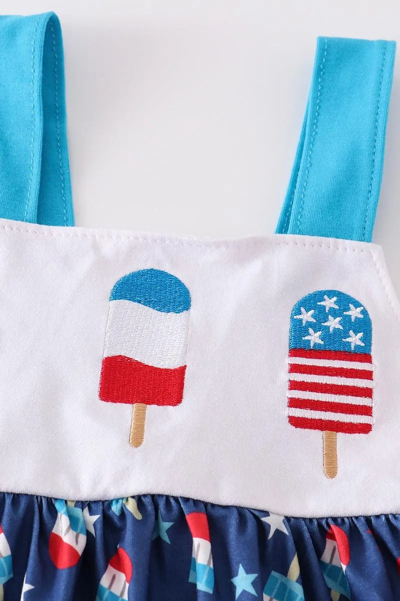 Abby & Evie Girl's Boutique Patriotic Popsicle Embroidered Strap Dress 4th Of July Independence Day Summer