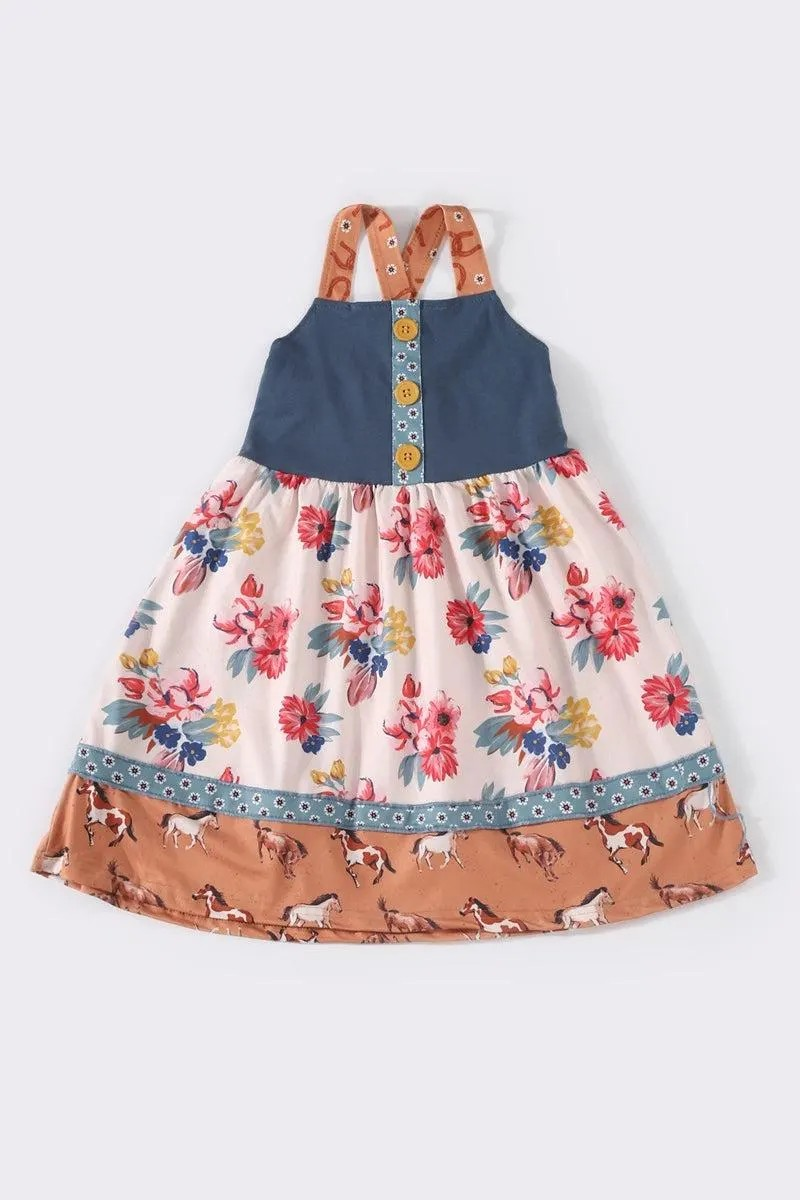 Sassy Soul Girl's Boutique Navy Floral Horse Print Ruffle Strap Dress Autumn Thanksgiving Fall