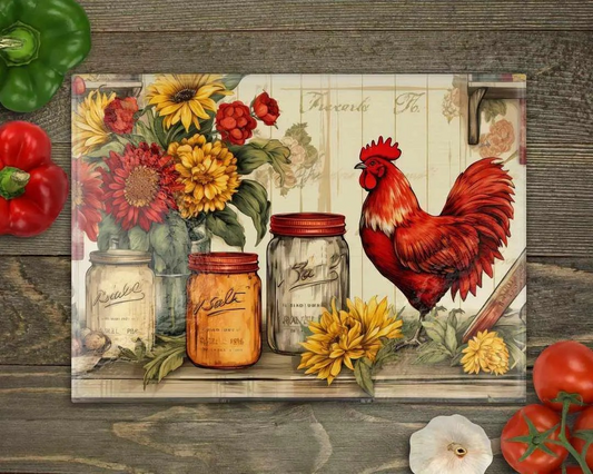 Country Rooster Chicken Mason Jar Glass Cutting Board