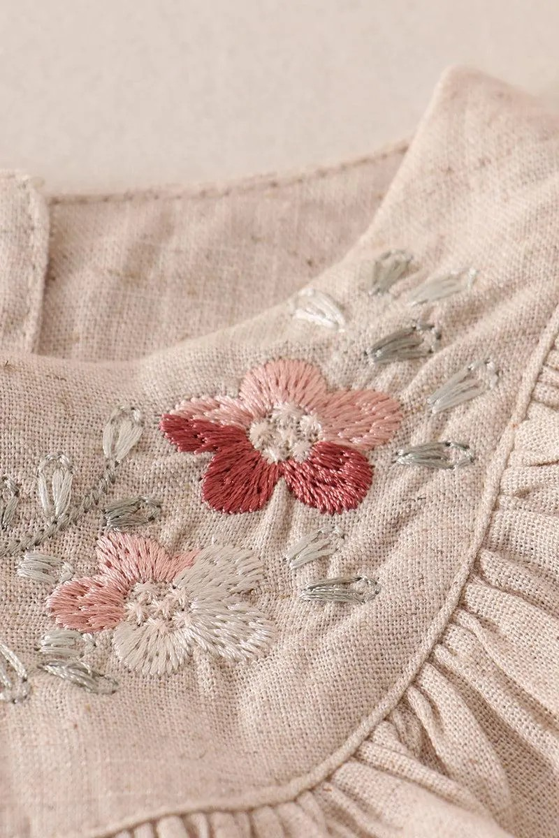 Petal & Pine Girl's Boutique Beige Floral Embroidered Linen Ruffle Bubble Button Romper Matching Sibling