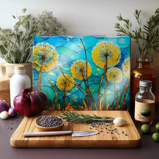 Stained Glass Look Dandelions Blue Sky Glass Cutting Board