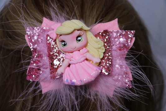 Pink Girl Glitter Clay Doll Princess Dress Hair Bow Stacked Handmade Boutique