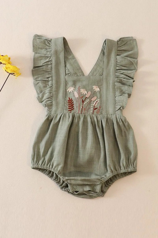 Petal & Pine Girl's Boutique Sage Green Floral Embroidered Linen Ruffle Strap Bubble Button Romper Matching Sibling