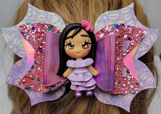 Purple And Pink Glitter Girl Clay Doll Hair Bow Stacked Handmade Boutique