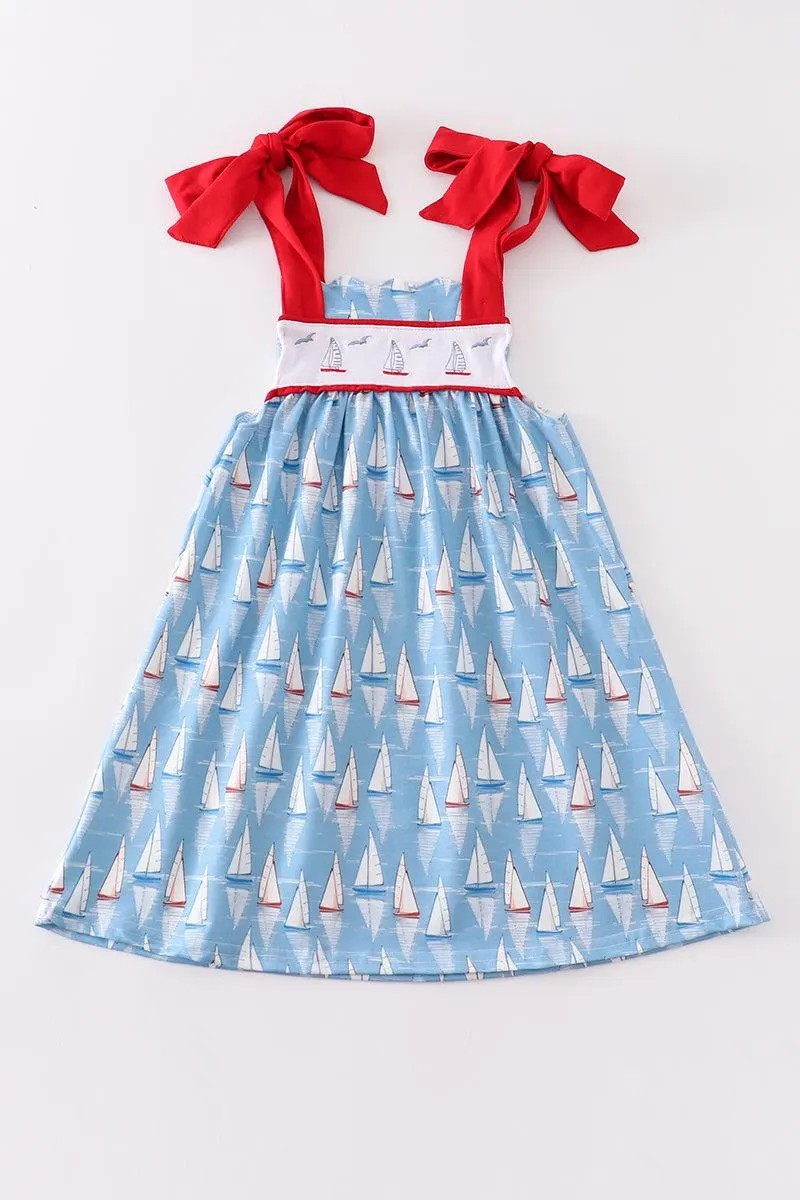 Abby & Evie Girl's Boutique Cotton Blue Sailboat Embroidered Summer Dress Matching Sibling