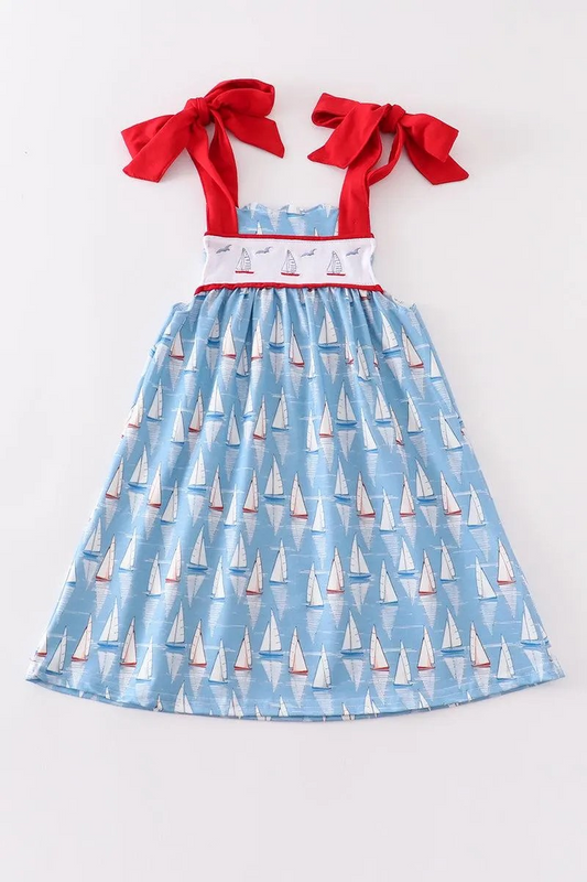 Abby & Evie Girl's Boutique Cotton Blue Sailboat Embroidered Summer Dress Matching Sibling