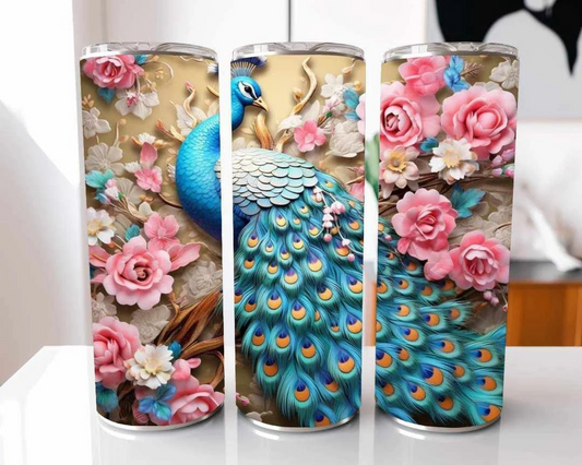 Pink Blue 3D Peacock Floral Roses Stainless Steel Tumbler