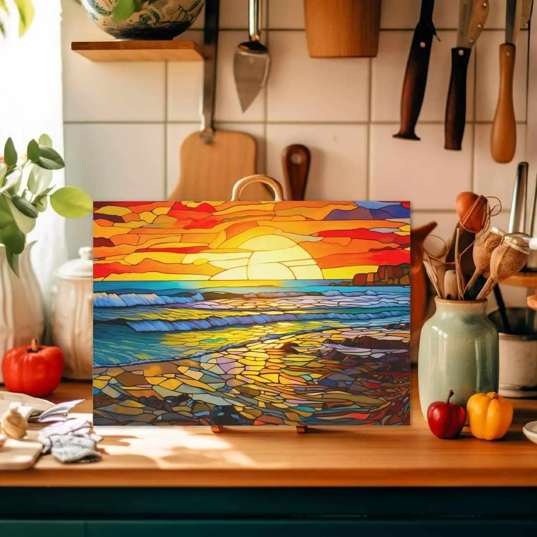 Multicolor Stained Glass Look Ocean Sunset Glass Cutting Board