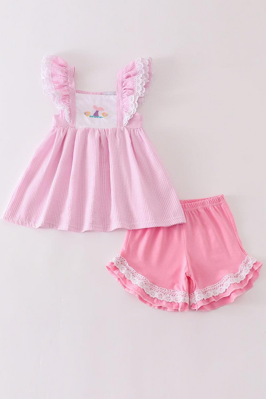 Abby & Evie Girl's Boutique Cotton Pink Seersucker Mermaid Embroidered Ruffle 2 Piece Set Sibling Matching