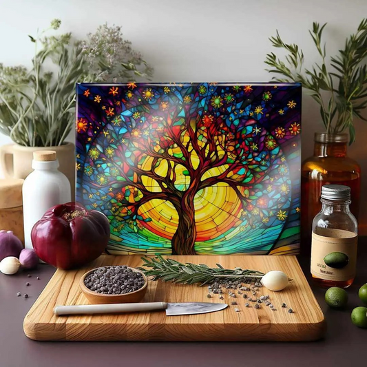 Multicolor Colorful Tree Stars Glass Cutting Board