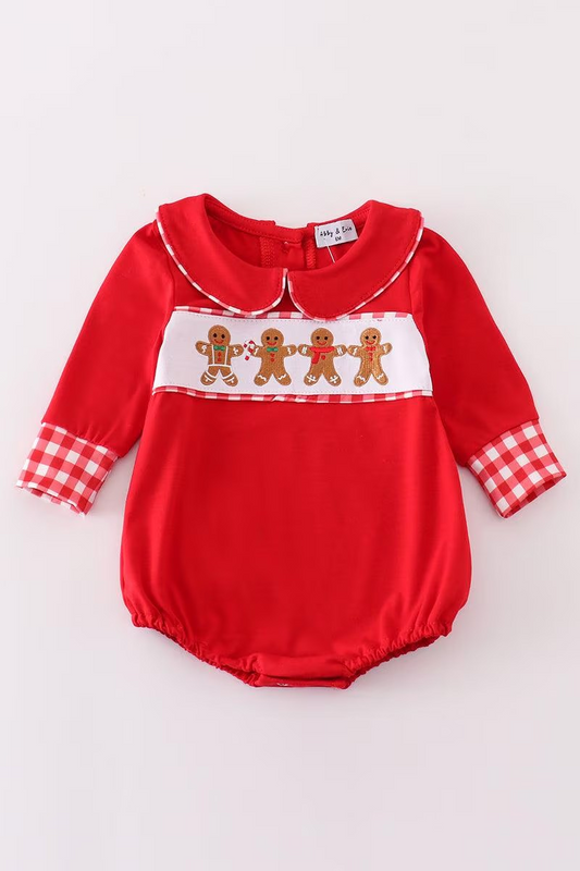 Abby & Evie Boy's Boutique Red Christmas Gingerbread Embroidered Embroidery Plaid Bubble Romper Sibling Matching