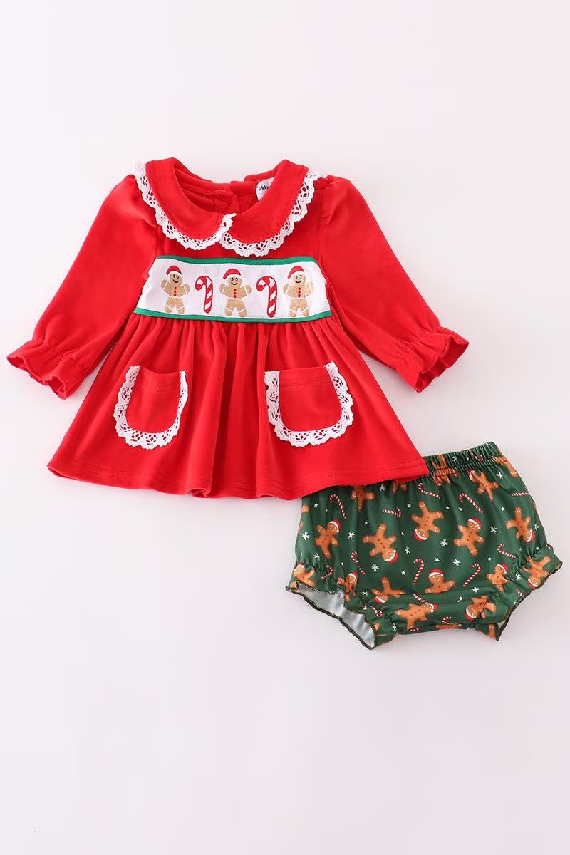 Abby & Evie Girl's Boutique Red Velvet Christmas Gingerbread Embroidered Embroidery Ruffle Bloomer Set Sibling Matching