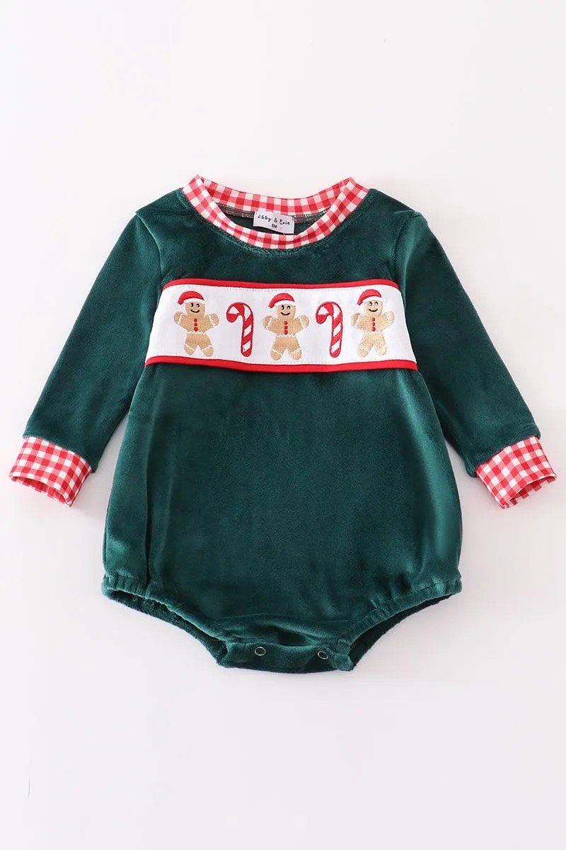 Abby & Evie Boys Boutique Forest Green Gingerbread Velvet Embroidery Embroidered Bubble Romper Outfit Matching Sibling