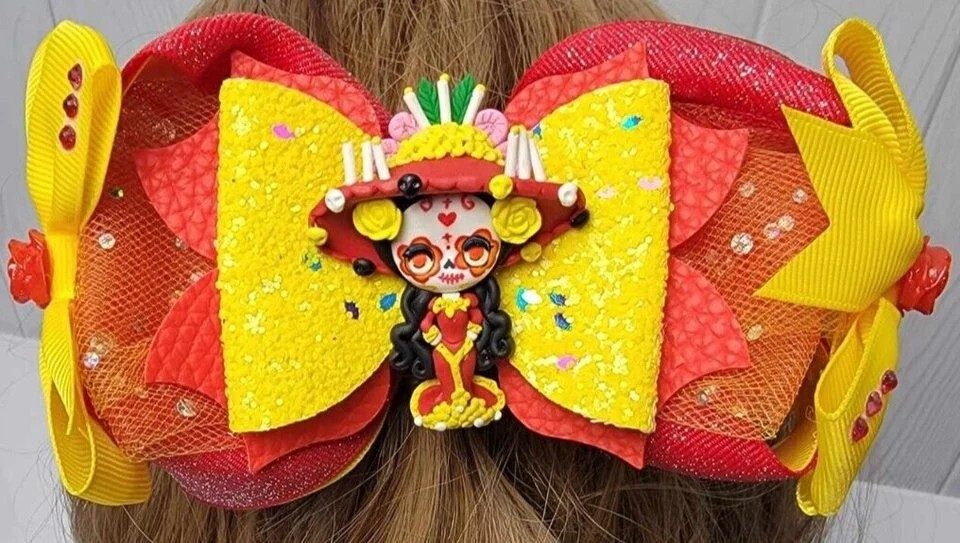 Red And Yellow Glitter La Muerte Day Of The Dead Hair Bow Handmade Boutique