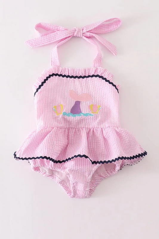 Abby & Evie Girl's Boutique Cotton Pink Seersucker Mermaid Embroidered Ruffle One Piece Swimsuit Matching Sibling