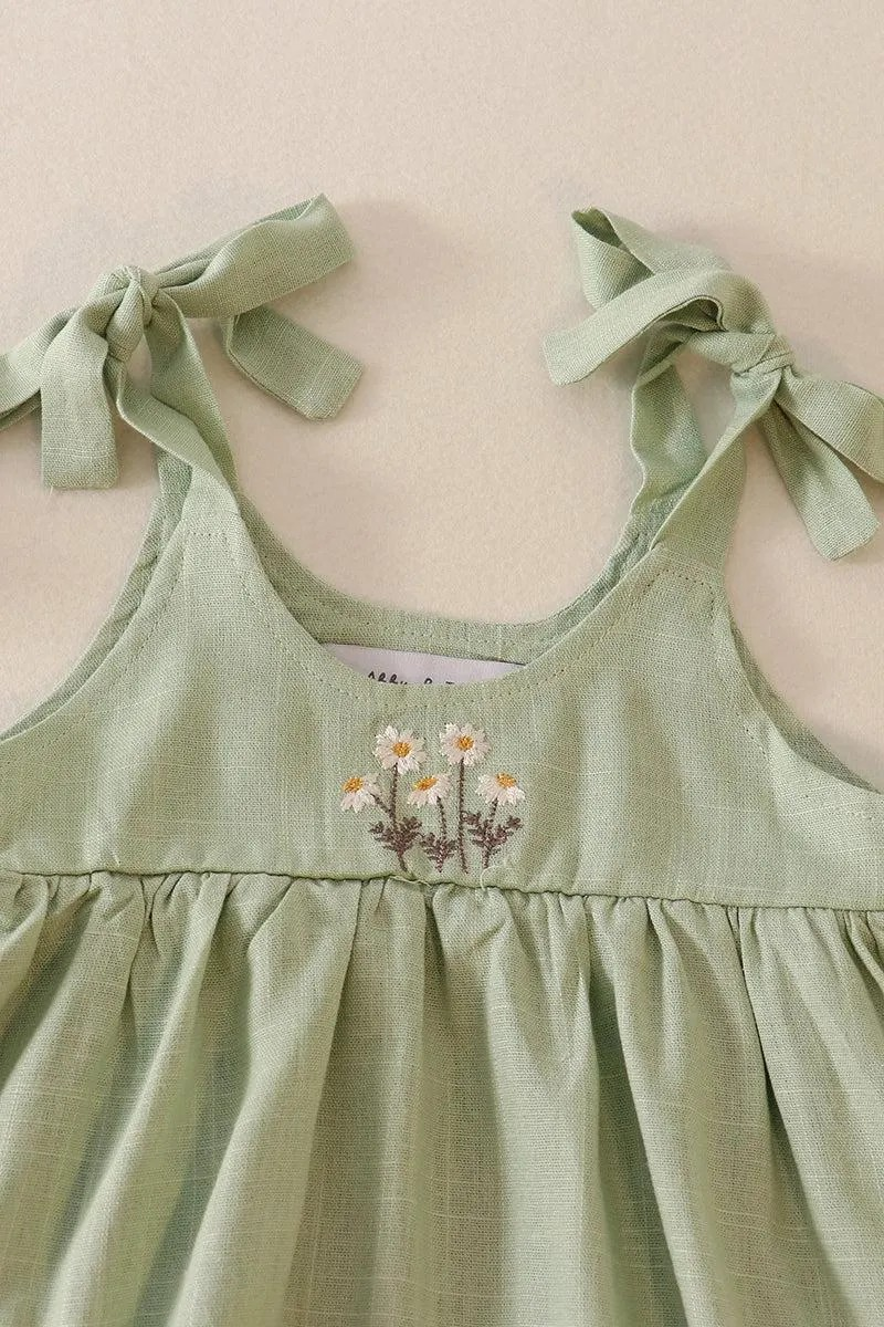 Petal & Pine Girl's Boutique Sage Green Floral Embroidered Linen Ruffle Strap Bubble Button Dress Matching Sibling