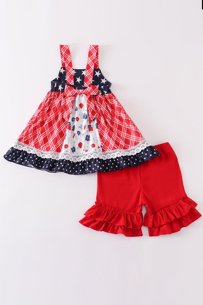 Abby & Evie Girl's Boutique Patriotic Floral Plaid Lace Smocked 2 Piece Set 4th of July Sibling Matching