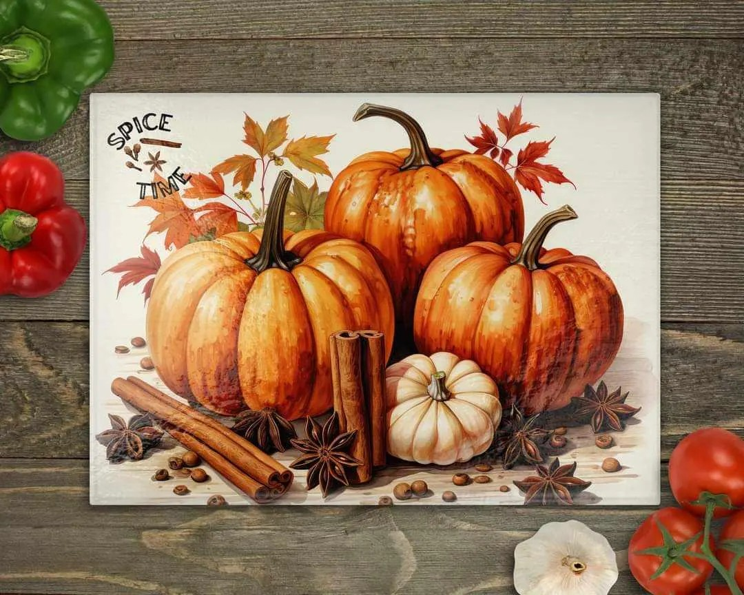 Pumpkin Spice Time Fall Glass Cutting Board