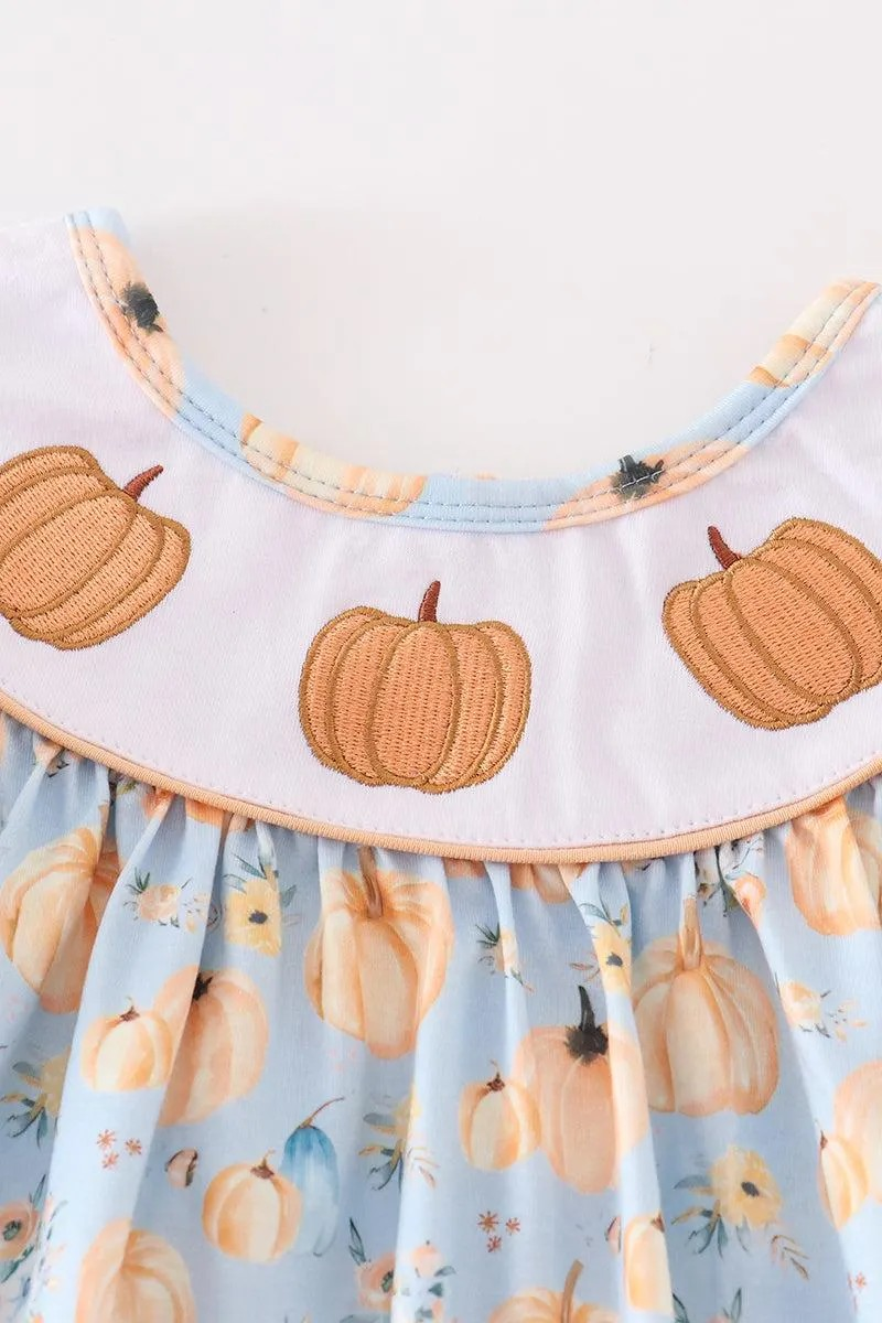 Abby & Evie Girl's Boutique Cotton Pumpkin Blue Embroidered Ruffle Dress Matching Sibling