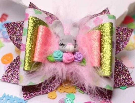 Pink And Purple Glitter Easter Bunny Clay Hair Bow Handmade Stacked Boutique