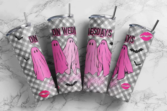 Gray Halloween Ghosts On Wednesday We Wear Pink Stainless Steel Tumbler