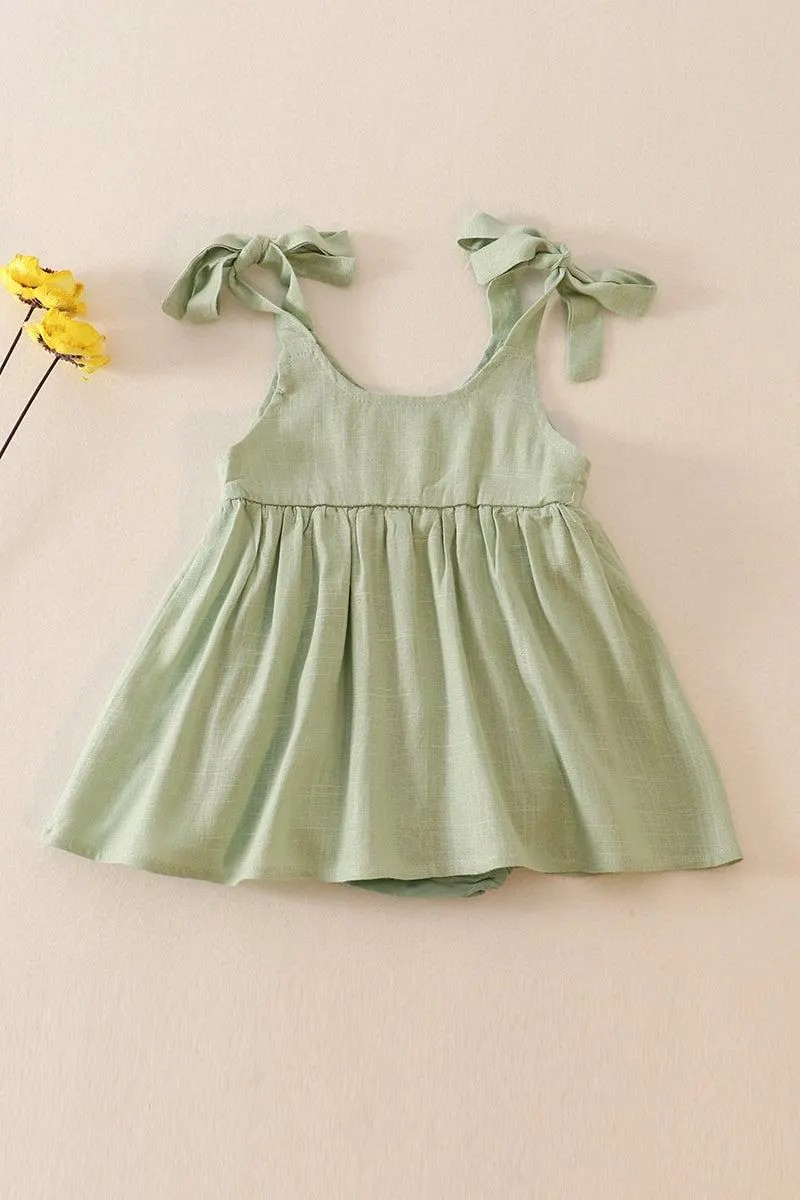 Petal & Pine Girl's Boutique Sage Green Floral Embroidered Linen Ruffle Strap Bubble Button Dress Matching Sibling