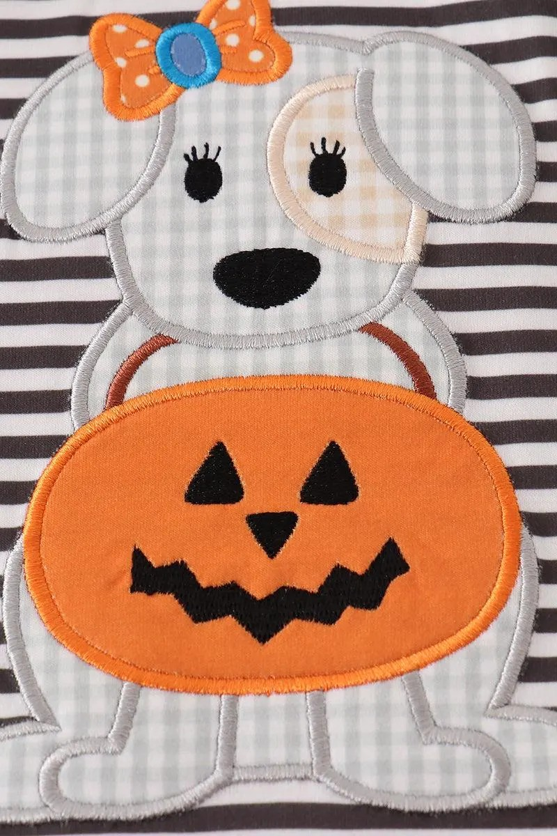 Abby & Evie Girl's Boutique Cotton Halloween Pumpkin Puppy Stripe Applique Girl Romper Sibling Matching