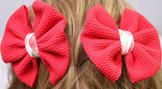 Set Of TWO Red Strawberry Fabric Pigtail Hair Bows Piggies Boutique Handmade