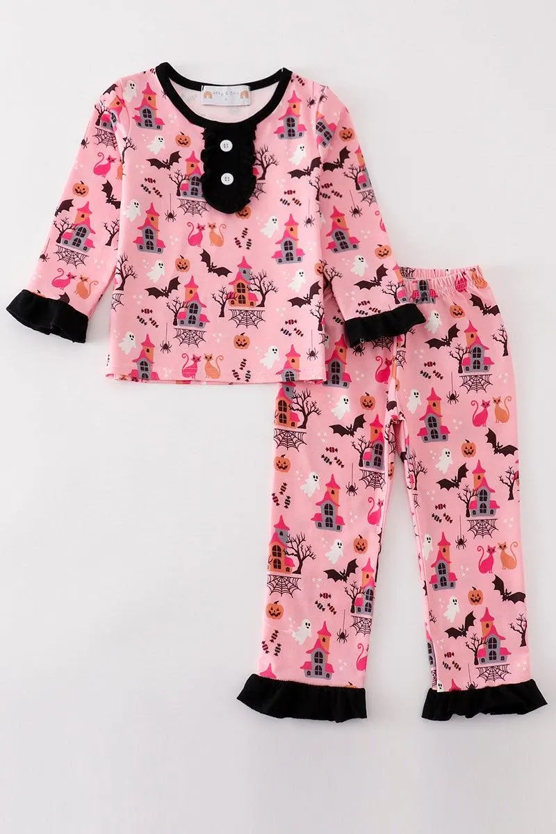 Abby & Evie Girl's Boutique Pink Ghost Bats Halloween Lounge Set