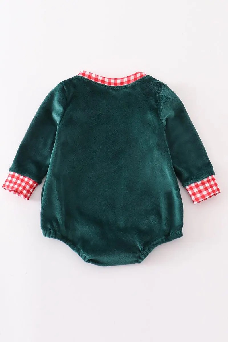 Abby & Evie Boys Boutique Forest Green Gingerbread Velvet Embroidery Embroidered Bubble Romper Outfit Matching Sibling