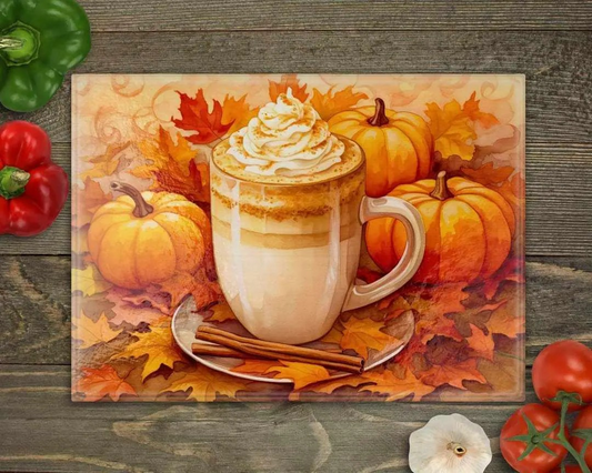 Fall Pumpkin Latte Coffee Custom Glass Cutting Board