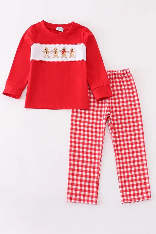 Abby & Evie Boy's Boutique Red Christmas Gingerbread Embroidered Embroidery Plaid 2 Piece Set Sibling Matching