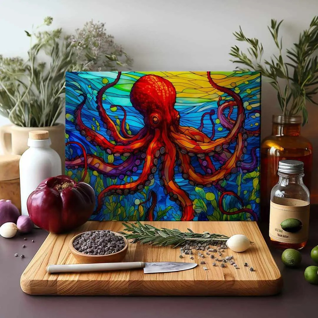 Red Octopus Alcohol Ink Ocean Glass Cutting Board