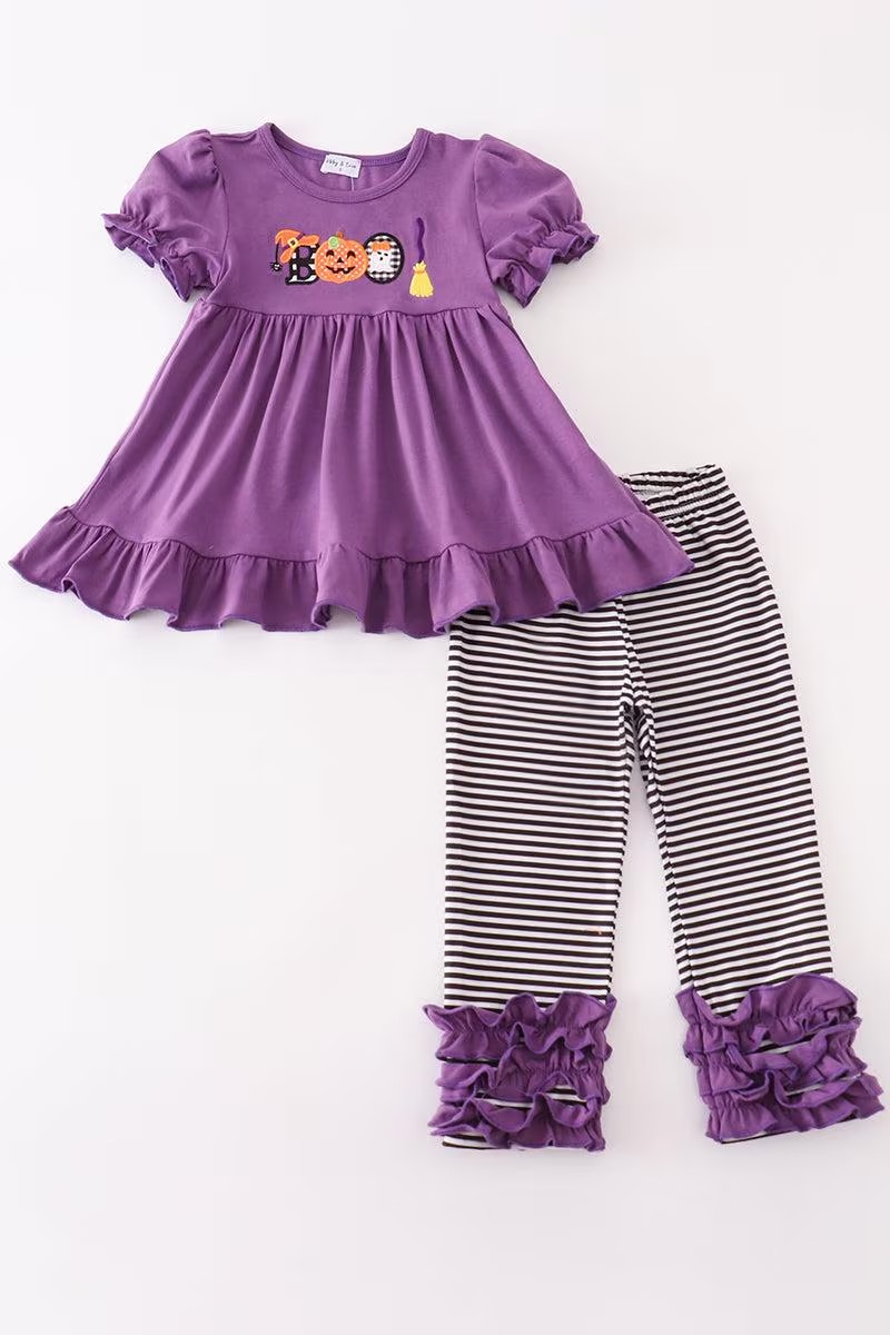 Abby & Evie Girl's Boutique Cotton Purple Boo Halloween Embroidered Girl Set