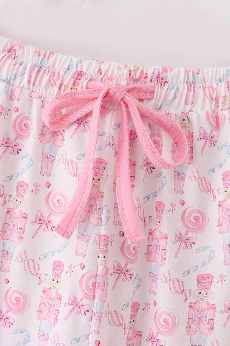 Abby & Evie Women's Boutique Cotton Pink Christmas Nutcracker Ruffle Butt Pocket Lounge Pants Sibling And Parent Matching Mommy And Me