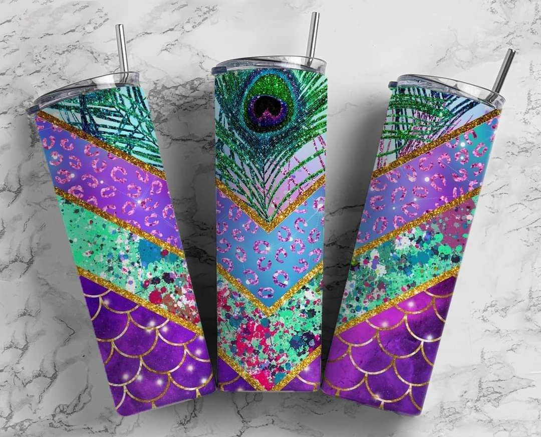 Purple And Green Peacock Feather Scales Stainless Steel Tumbler